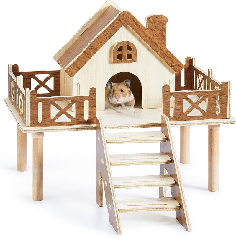 Jevnd Wooden Hamster Platform and Dwarf Hamster House, Hamster Cage Platform With Climbing Ladder, Cute Syrian Hamster Hideout, Hamster Cage Accessories Platform for Putting Food Bowl, Hamster Gerbil Castle - Image 1